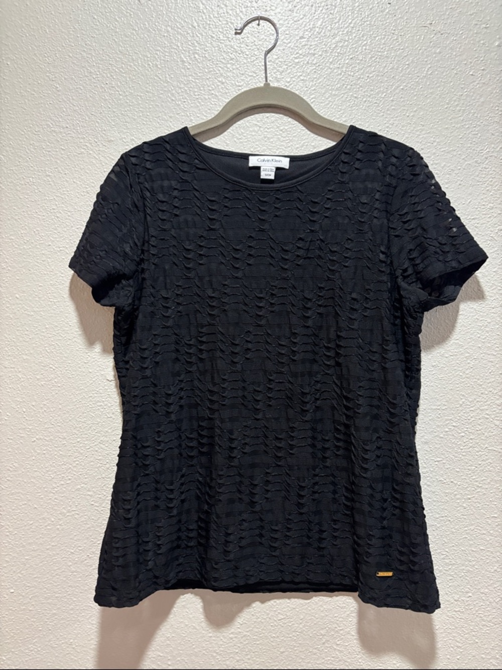 Calvin Klein Black Short Sleeve Textured Crew Top SizeS